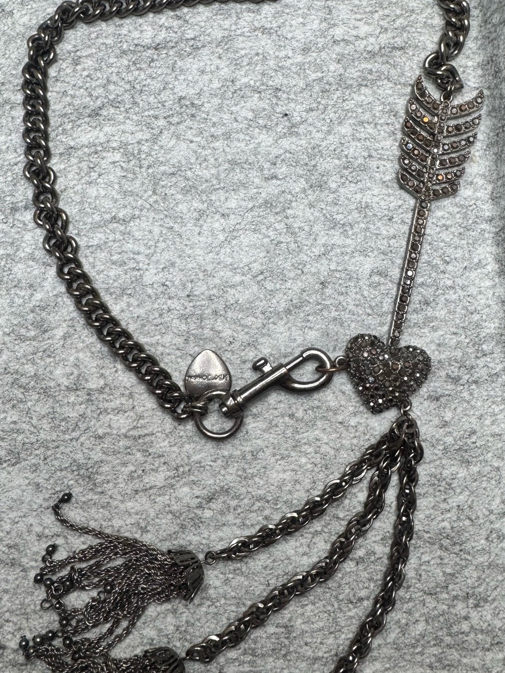Betsey Johnson Signed Gunmetal Curb Chain Heart Arrow Crystal Charm Necklace